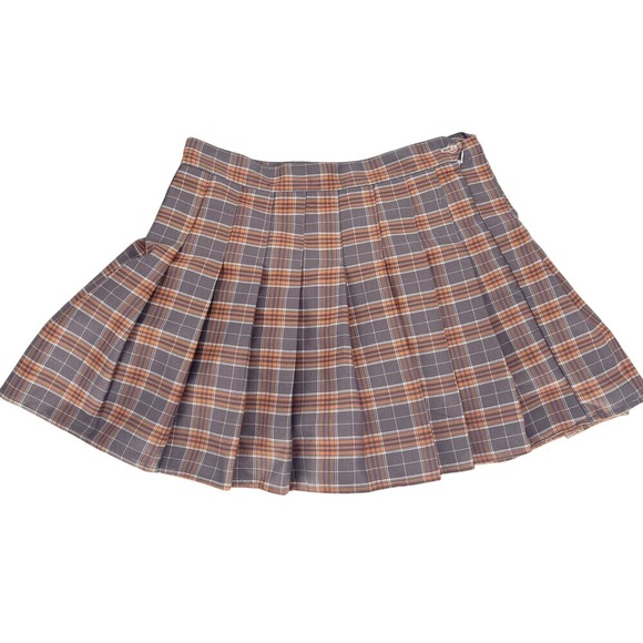 Plaid Pleated Mini Skirt Gray Orange High Waist Preppy Schoolgirl Style - Picture 2 of 6